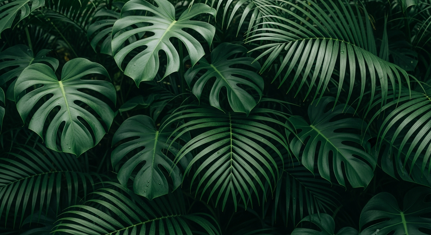 AI_IMAGE: Macro photography of dense tropical foliage, layering of monstera and palm leaves filling the entire frame with deep emerald and forest greens, creating a humid atmospheric depth | photorealistic | landscape