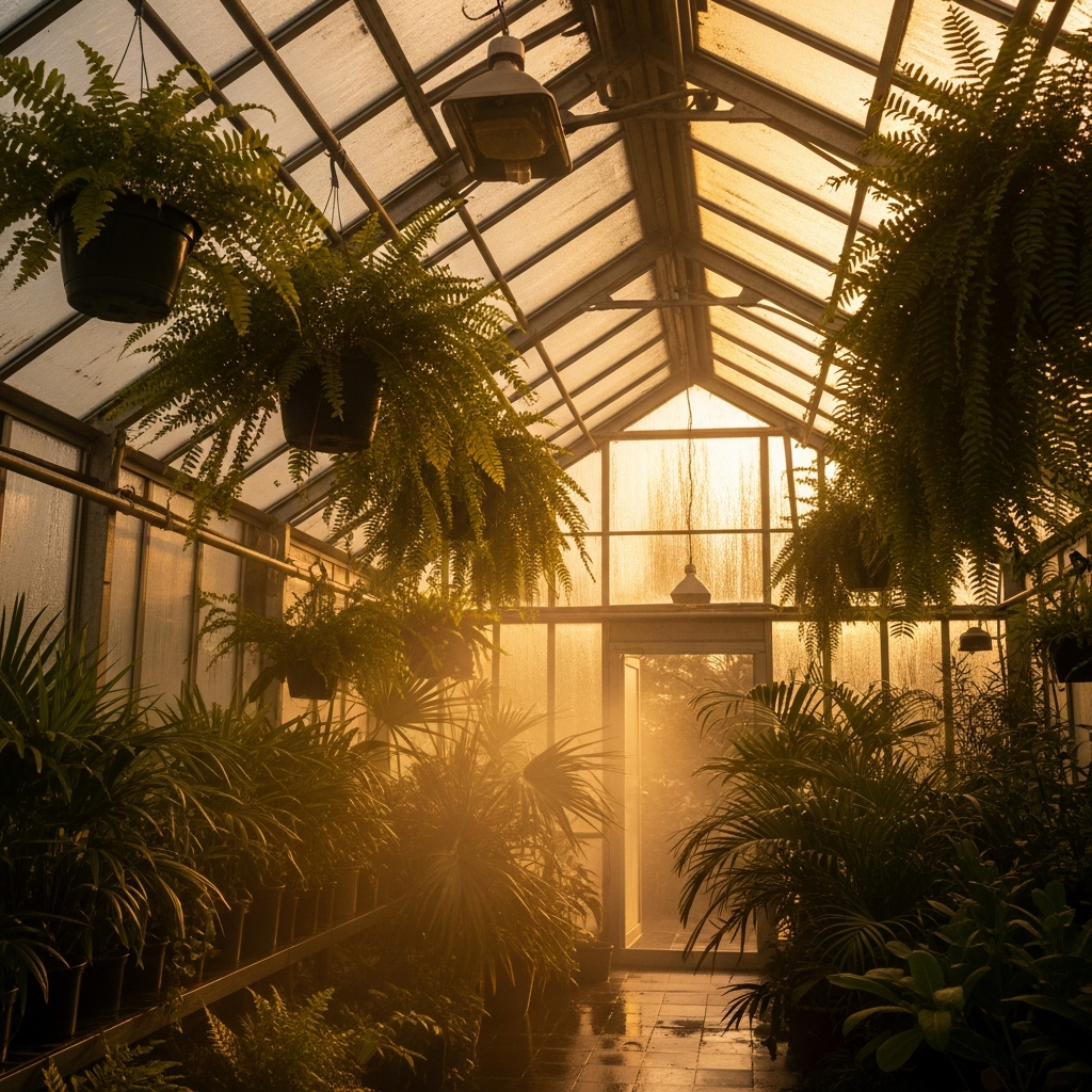AI_IMAGE: Interior of a lush tropical greenhouse with glass ceiling, hanging ferns, potted palms, and warm golden light filtering through condensation on glass panes, creating a dreamy humid atmosphere | photorealistic | square