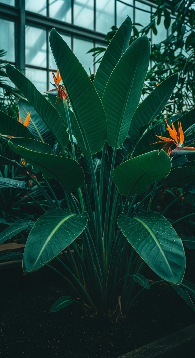 AI_IMAGE: A bird of paradise plant (Strelitzia) with wide banana-like leaves fanning outward, photographed in moody botanical greenhouse lighting with rich emerald and dark teal tones | photorealistic | portrait