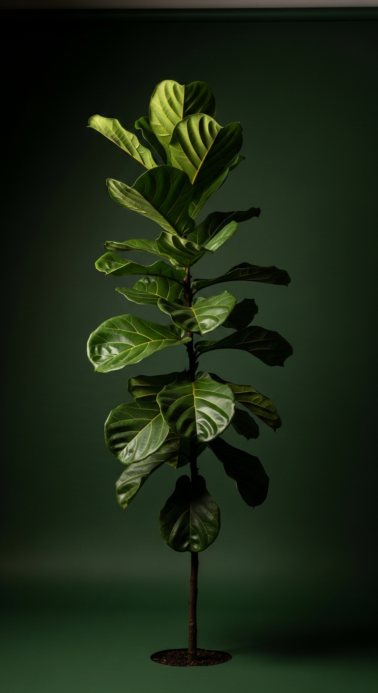 AI_IMAGE: A tall fiddle leaf fig tree with large glossy violin-shaped leaves, photographed in dramatic low-key lighting against a deep forest green backdrop, emphasizing the leaf veins and natural form | photorealistic | portrait