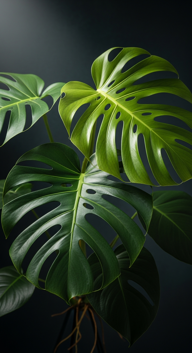 AI_IMAGE: A lush Monstera deliciosa plant with dramatic split leaves, shot against a dark moody background with soft directional lighting highlighting the leaf textures and deep green tones | photorealistic | portrait
